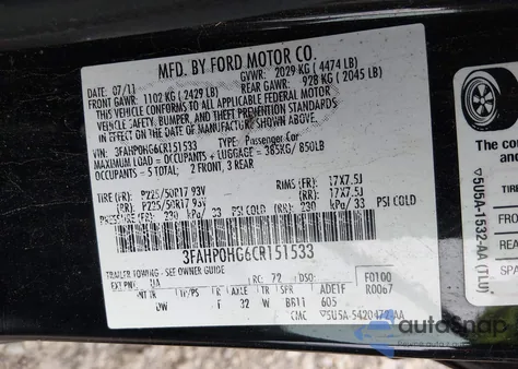 2012 Ford Fusion Sel z USA, uszkodzony, nr VIN 3FAHP0JA7CR105456